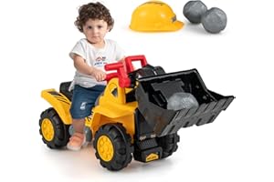 Costzon Ride on Excavator, Ride on Construction Vehicles w/Helmet, 3 Toy Stones, Realistic Sound, Adjustable Bucket & Under Seat Storage, Bulldozer Ride on Toy Gift for Kids Boys & Girls