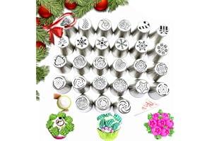 30 PCS/Set Christmas Tree Snowflake Leaf Russian Piping Tips Icing Piping Nozzles for Cupcakes Decoration with 10 Disposable 