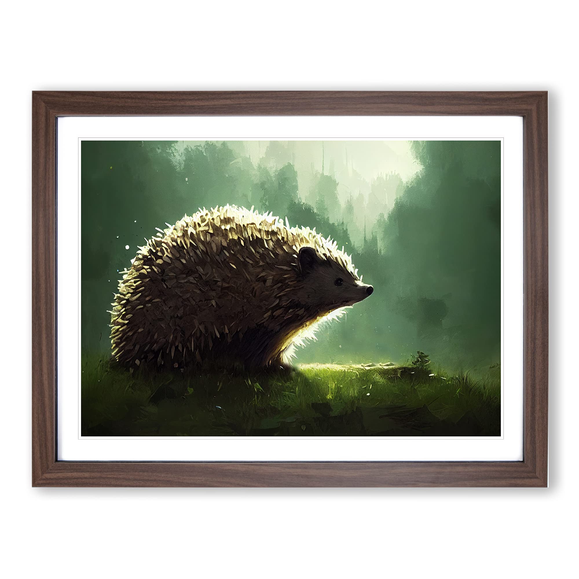 Hedgehog Art Painting Vol.1 Framed Print | A4 Walnut Framed Wall Art | Ready to Hang | Modern Historical Picture | Living Room Bedroom Lounge Office