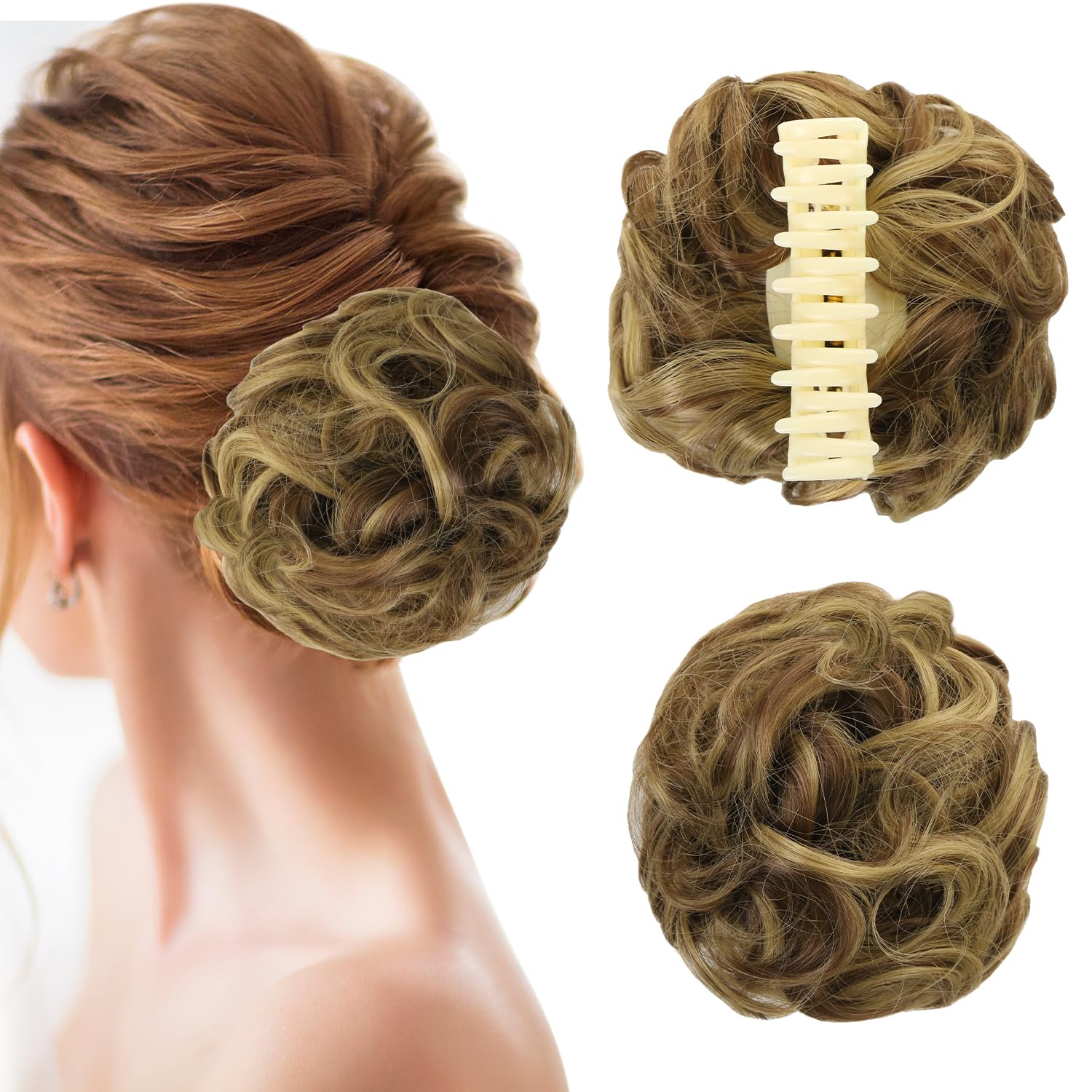 UHOMENY Messy Bun Wavy Curly Synthetic Clip-On Extensions with Large Ponytail Accessory (Brown and Gold)