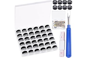 Swpeet 138Pcs Black Prewound Bobbin Thread with Clear Storage Plastic Case Box, Polyester Thread Pre-Wound Bobbins Set Sewing