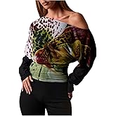 SweatyRocks Women's Off The Shoulder Floral Print Cinched Waist Tops Long Sleeve Ruched Mesh Going Out Tees
