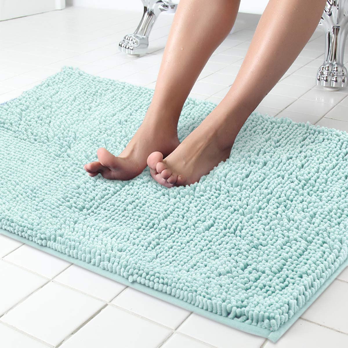 ITSOFT Chenille Bath Mat, Non Slip Bathroom Mat, Absorbent & Machine Washable Toilet Mat, Soft Plush Bathroom Rug, Spa Blue, 50x60cm