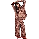 Womens Y2k Silk Pajama Sets Floral Print Long Sleeve Button Down Shirts Wide Leg Pants 2 Piece Lounge Sets