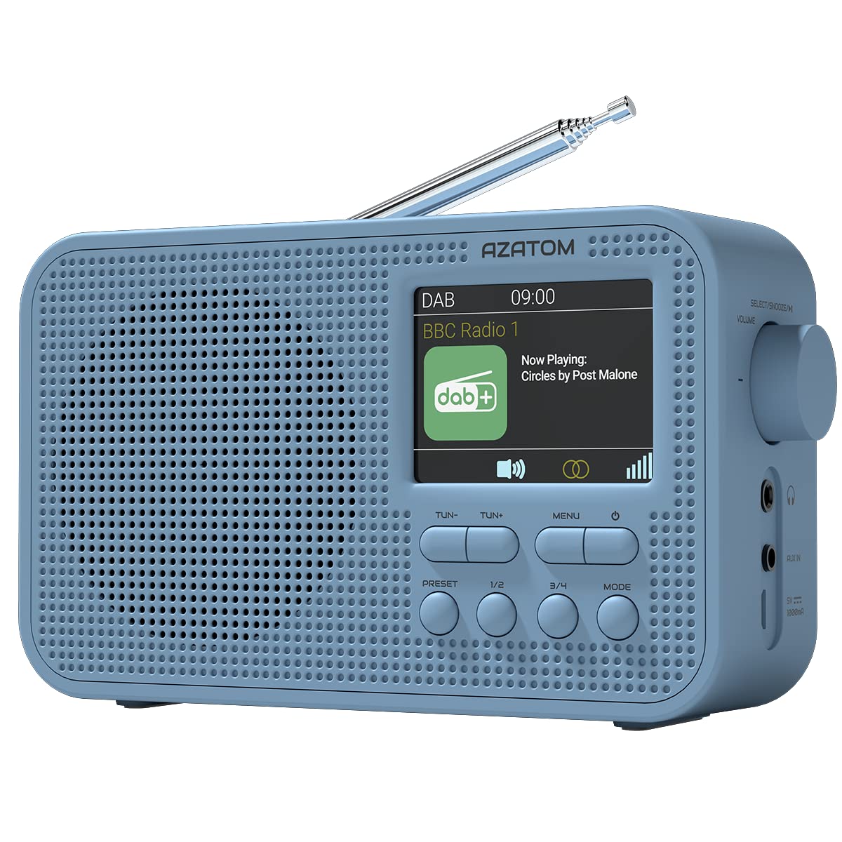 DAB/DAB+ & FM Portable Radio | Large Display | Bluetooth 5.3 | 2200mAh Rechargeable Battery Built-in | Dual Alarms & Sleep Timer | Perfect for Home, Office or Outdoors | AZATOM Aspire G2 (Blue)