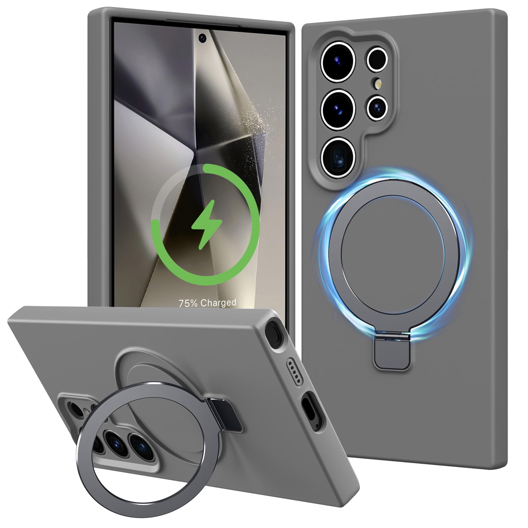 Photo 1 of Vanxiliiy Compatible with Samsung Galaxy S24 Ultra Case with Stand, Full Camera Protection Liquid Silicone Case, MagSafe Compatible Magnetic Kickstand, Grey