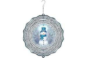 Snow Man Wind Spinner, Winter Festive Snowflakes Trees Winter Blue Metal Outdoor Color Changing Wind Sculptures Gifts for Gar