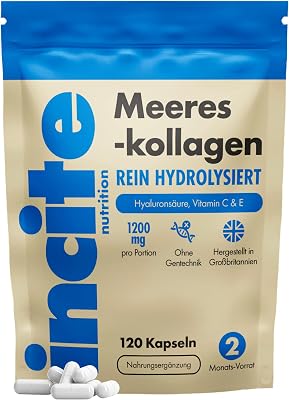 Meereskollagen, reines, hochwertiges hydrolysiertes Marine-Kollagen vom Typ 1 mit den Vitaminen C, E, B12, Kupfer, Zink und Jod, für Damen und Herren, 1200mg, 120 Stück (1er-Pack)