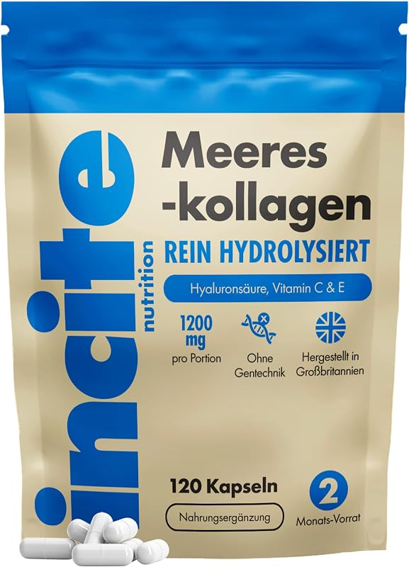 Meereskollagen, reines, hochwertiges hydrolysiertes Marine-Kollagen vom Typ 1 mit den Vitaminen C, E, B12, Kupfer, Zink und Jod, für Damen und Herren, 1200mg, 120 Stück (1er-Pack)