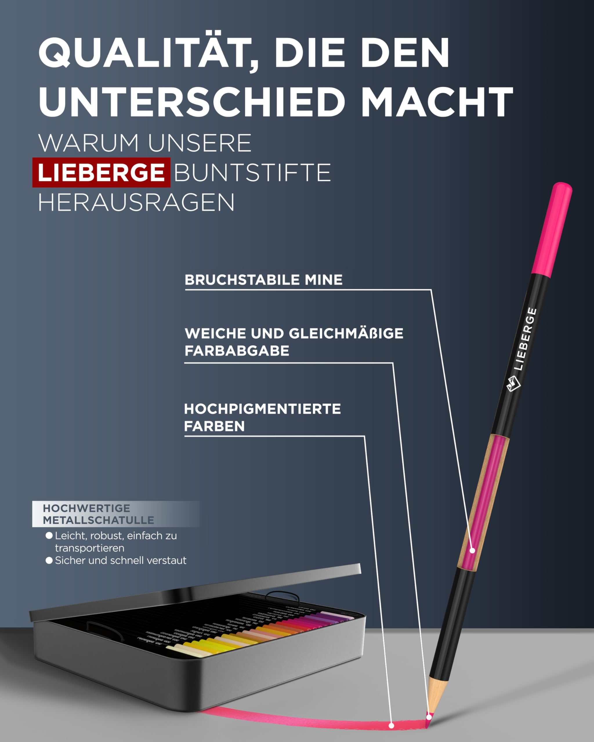 LIEBERGE Premium Buntstifte Set in Metallschatulle – 72 Farben – hochpigmentierte Colored Pencils – bruchsicher, weiche Farbabgabe | Malstifte für Erwachsene, Kinder und Künstler (Metallschatulle) 5
