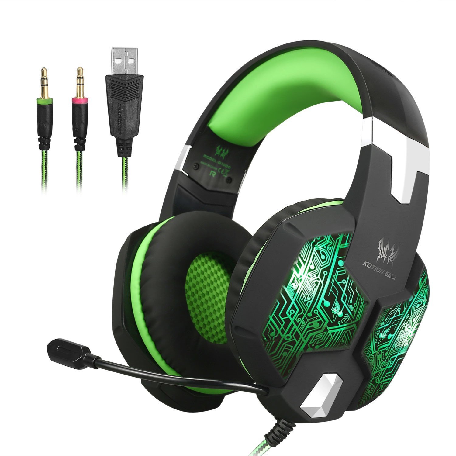 KOTION EACH Auriculares para jueguos con Microfono G1000 Profesional para Videojuegos PC, MAC y M¨®vil Gaming Bass Stereo Headset Auriculares Diadema con Luz LED de Respiración para Ordenador Portatil con Luz LED(Negro+Verde)