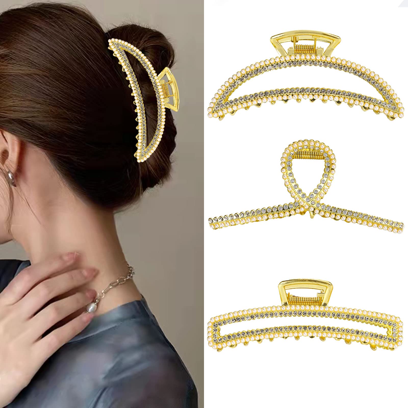 Metal Hair Claw, 3 Pcs Large Claw Clips for Thick Hair, Hair Claw Clips with Pearls and Rhinestone, Hair Styling Accessories for Women and Girls