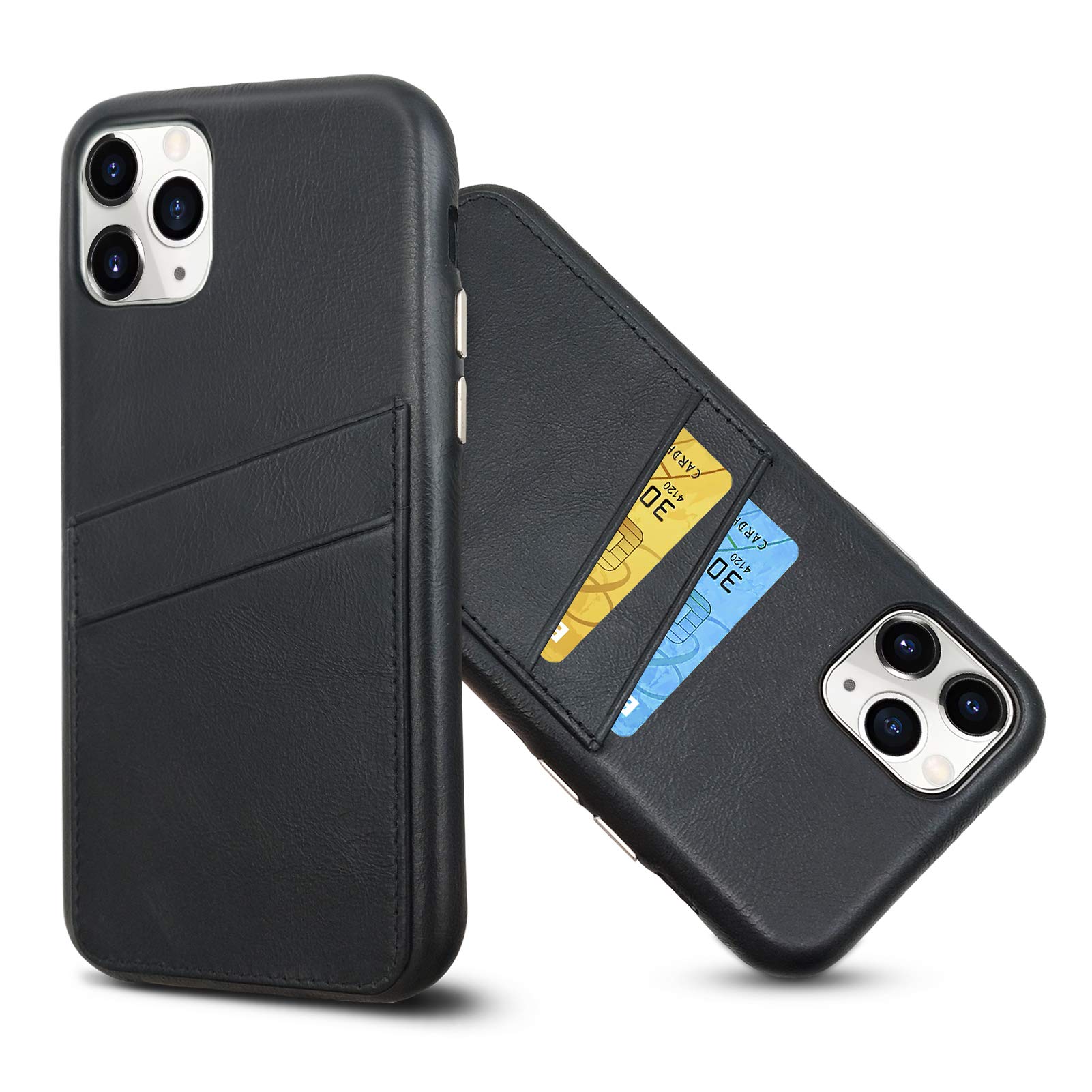 LUCKYCOIN Genuine Leather Case with Card Holder for iPhone 11 Pro Max 6.5in,Wallet Case with Metal Buttons,Black — image 1