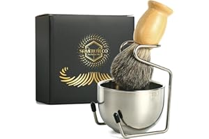 SAMEBUTECO Bamboo Shaving Brush with Badger Hair,Shaving Brush Kit with Stainless Steel Shaving Stand and Thick Shaving Bowl,Pure Soft Bristle, Wet Shave Gift for Man (3 Pieces)