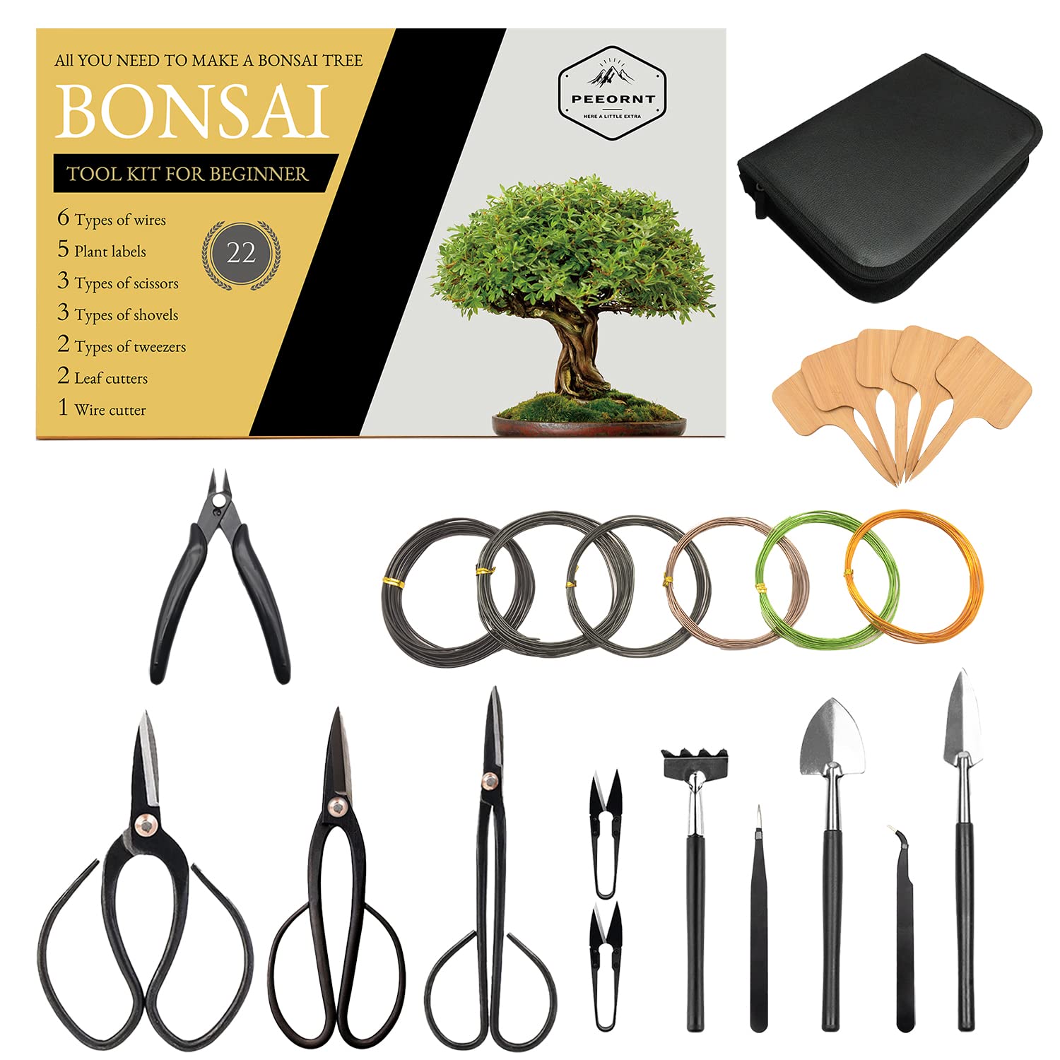 Photo 1 of PEEORNT Bonsai Tree Tools Kit, 22 PCs Bonsai Tools Set High Carbon Steel Trimming Tools Set Include Pruning Shears, Cutters, Training Wires, Bonsai Grooming Care Kit for Beginner Gardening Gifts