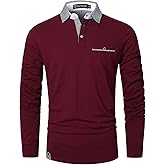 GHYUGR Men's Classic Plaid Splicing Long Sleeve Golf Polo Real Pocket Business Casual T-Shirt