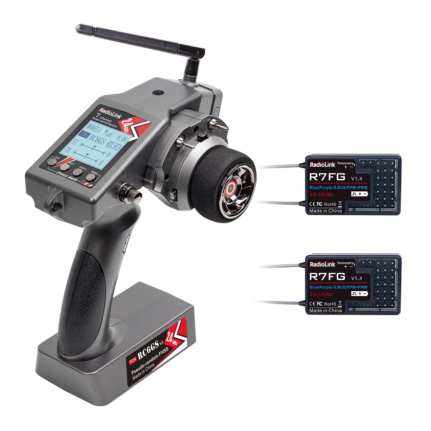 Radiolink RC6GS RC Transmitter and Receivers Kit V3 with 7 Channels 2.4GHz and R7FG 2 Pcs Gyro for RC Car Crawler,30 Models Storage,600M Remote Controller Receiver for Truck Buggy Tank Drifting Boat