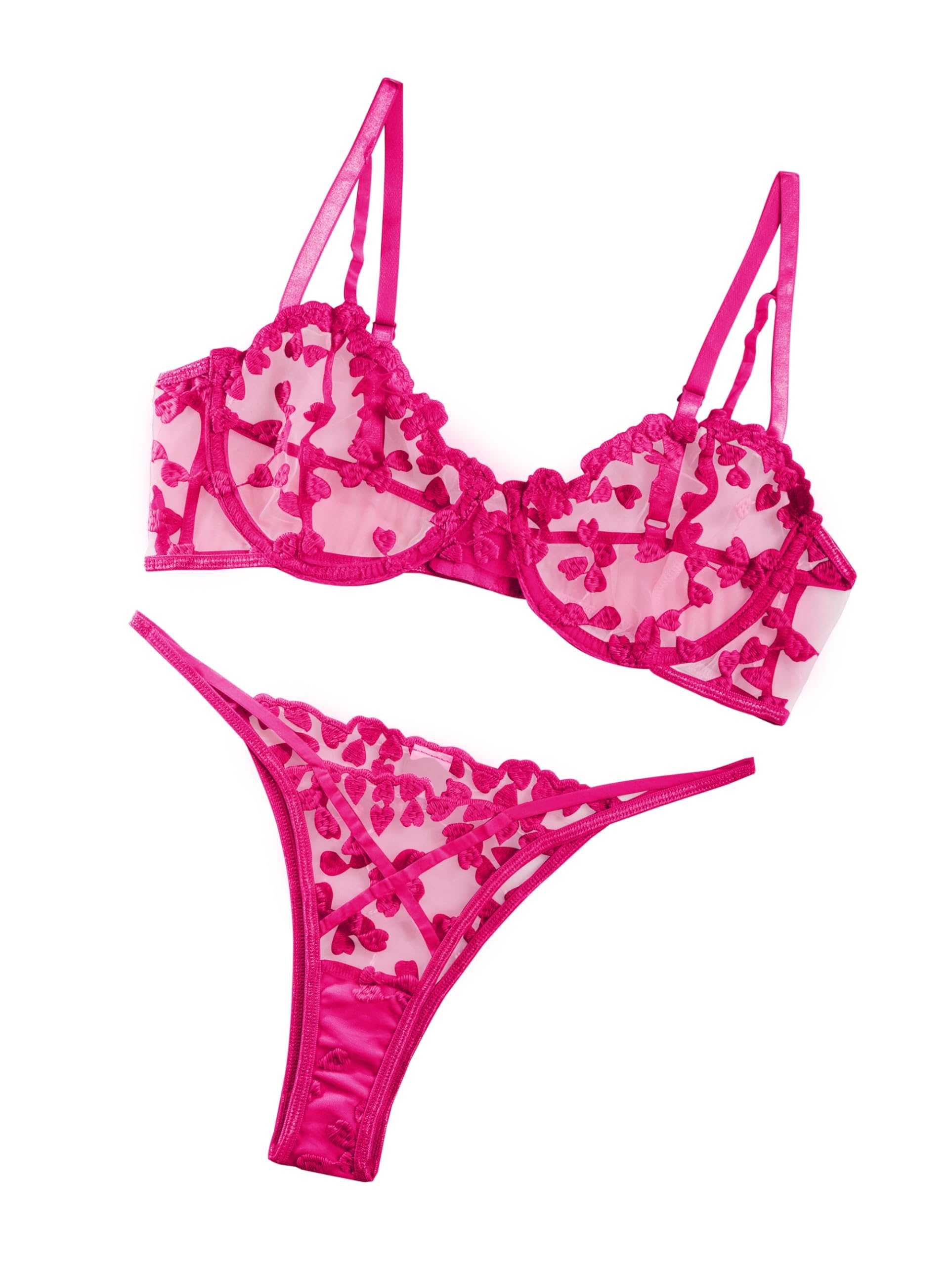 Photo 1 of Lilosy Sexy Cute Underwire Push Up Strappy Heart Embroidered Mesh Sheer Lingerie Set for Women See Through Bra and Panty 2 Piece Hot Pink Medium