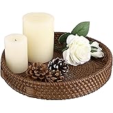 Hipiwe Rattan Round Serving Tray with Handles, Woven Decorative Basket Tray for Coffee Table, Small Wicker Ottoman Tray for Serving Breakfast Dinner Parties, Brown 10 inch
