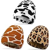 Zhamate 3 Women Men Print Beanie Hats Winter Knitted Warm Hat with Cow Leopard and Giraffe Prints Funny Gifts for Animal Lovers