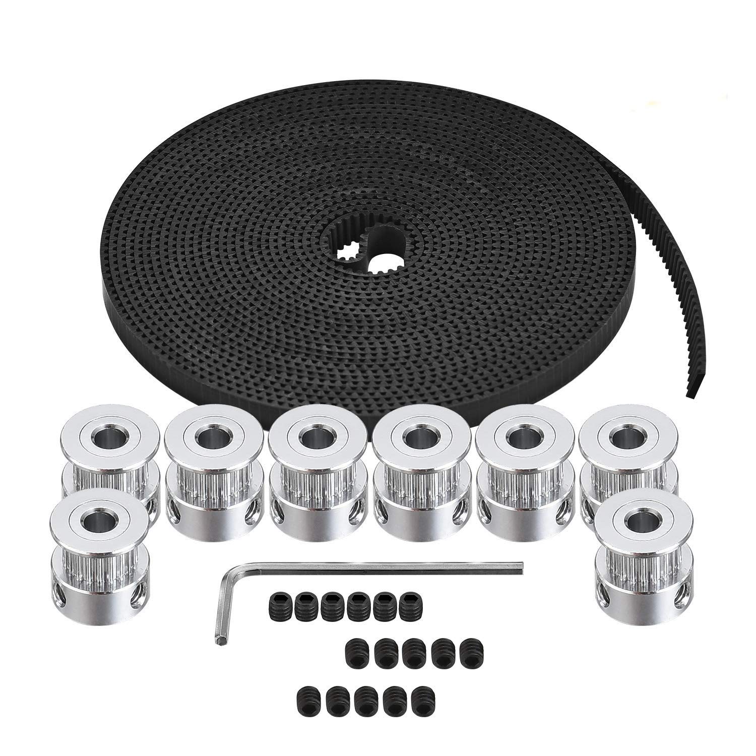 TUZUK GT2 Timing Belt Pulley, 8pcs 5mm 20 Teeth Timing Pulley Wheel and GT2 5 Meters Rubber 2mm Pitch 6mm Wide Timing Belt with Allen Wrench for 3D Printer CNC