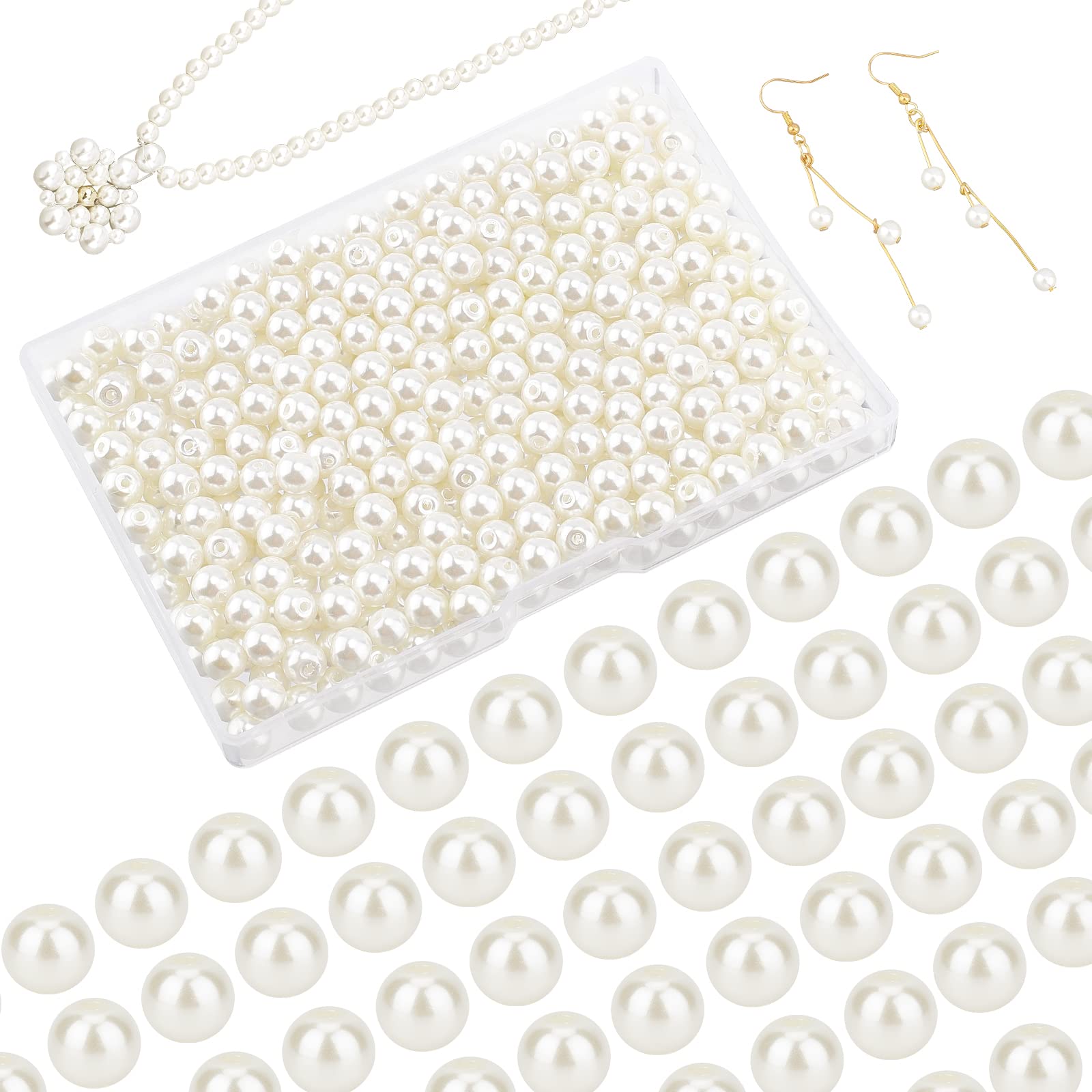 PandaHall 6mm Glass Pearl Beads, 400pcs Tiny Satin Luster Beads Round Summer Bracelet Neckalce Earring Beads Assortment Lot for Jewellery Making Aupplies Arts Crafting, Floral White