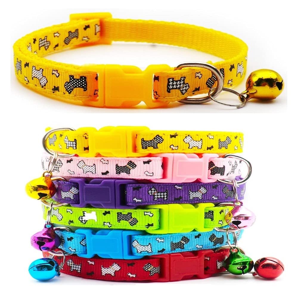 Small Dog Puppy Pet Collar Scotty Dogprint Design with Bell Nylon Adjustable Size 19-32cm Yellow