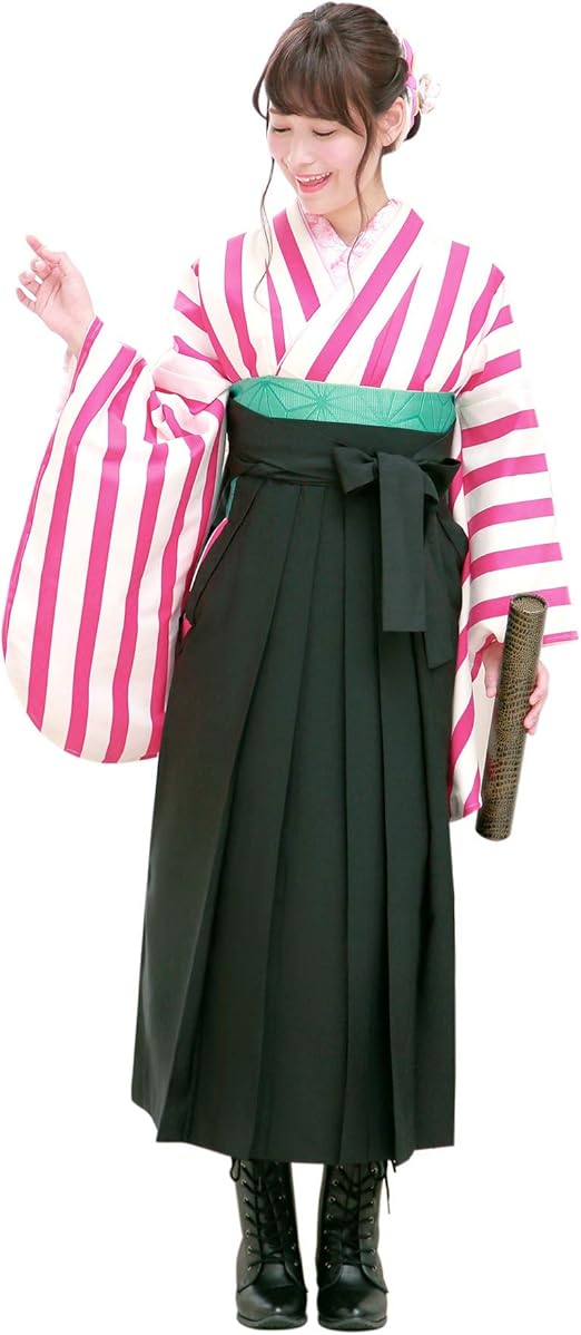 Amazon ソウビエン 袴セット レディース 卒業式 白 アイボリー ピンク 黒 ブラック 縞 ストライプ 松竹梅 レトロモダン 小振袖 はかまセット 着物セット 着物 通販