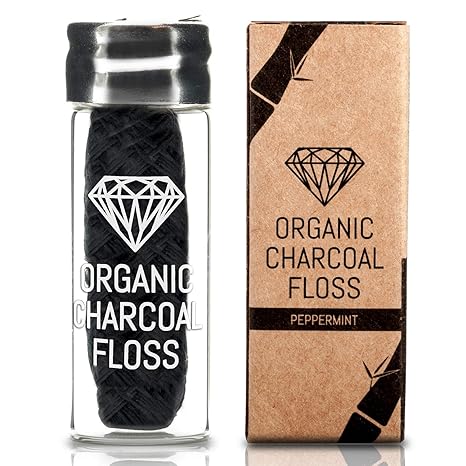 [30m extra lang] Plastikfreie Zahnseide Mit Aktivkohle - Mit Whitening Effekt & Minzgeschmack - Organisch & Vegan - Im Glasfl