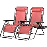 Nazhura Set of 2 Relaxing Recliners Patio Chairs Adjustable Steel Mesh Zero Gravity Lounge Chair Beach Chairs with Pillow and Cup Holder Khaki (Pink)