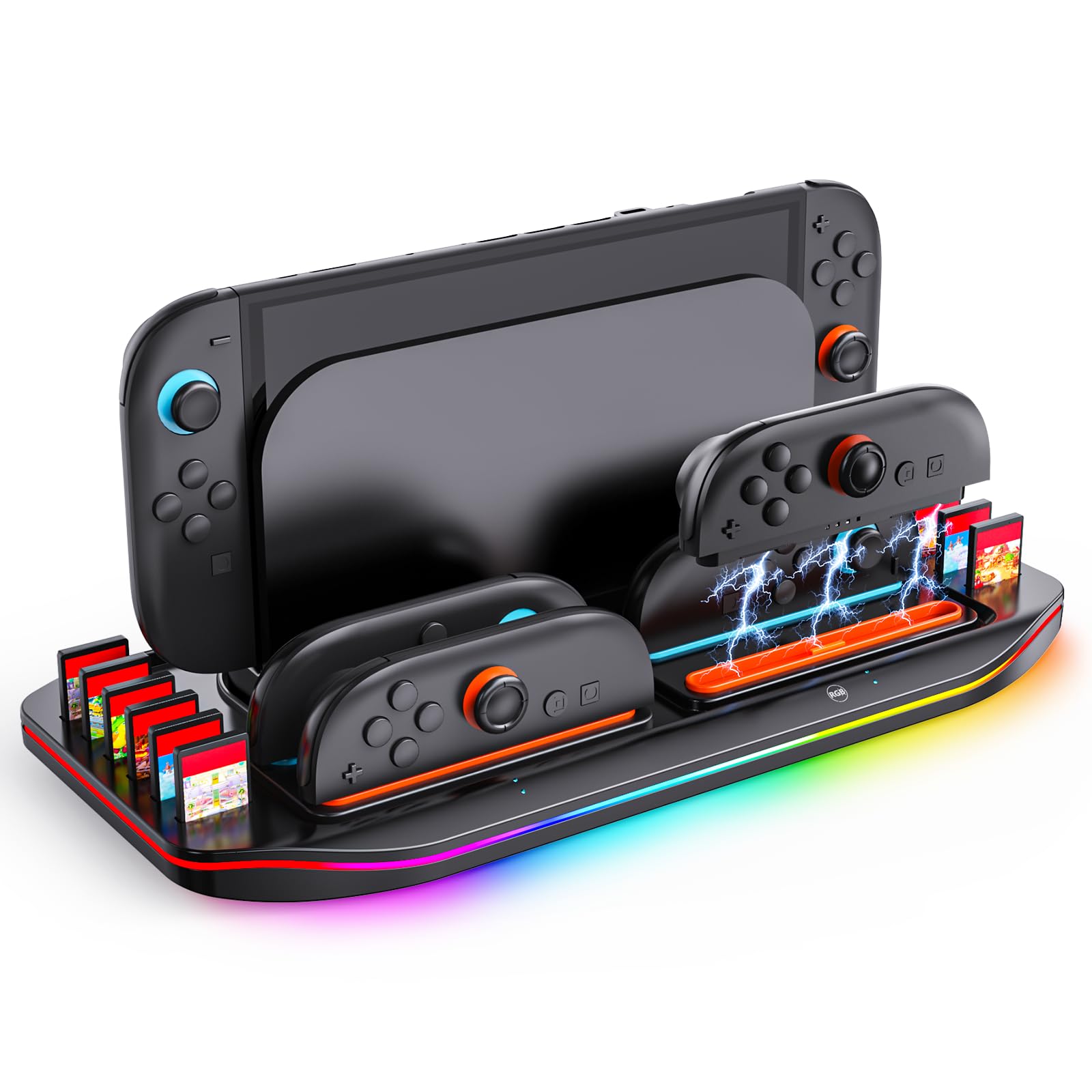 WeChip Multifunctional Charging Station for Switch 2-4 Joypad Controller Charger with LED Indicators, 9 RGB Light Effects, 12 Game Card Slots Desktop Organizer