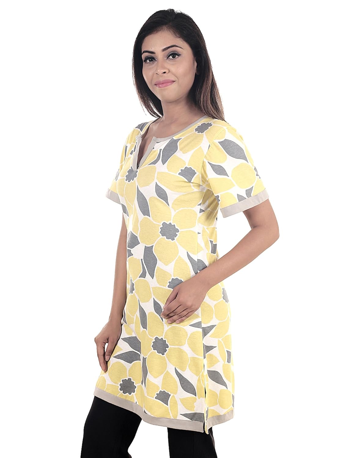 9teenagain women's cotton knitted nightwear top(yellow & grey printed)