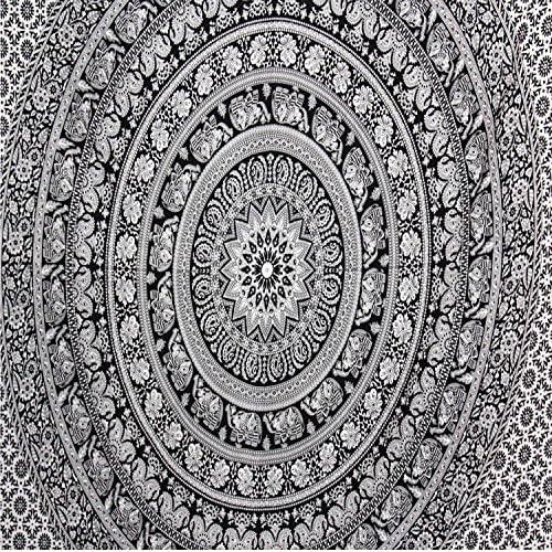 Handmade Bohemian Hippie Square Mandala Indian Tapestry In Vibrant Black and White, 100% Cotton, Superior Quality (S1-Black,White)