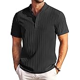 COOFANDY Men Casual Henley Tee Shirt Short Sleeve Band Collar Summer Beach Textured T-Shirt