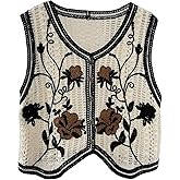 GORGLITTER Women's Embroidered Floral Crochet Vest Button Crop Summer Cowgirl Western Top Rodeo Country Concert Outfits