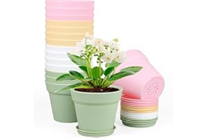 Meowell 4 inch Small Plastic Nursery Pots,16 Pack Plant Pots for Indoor Outdoor Plants, Flower Pots with Drainage Holes and Saucers, Decorative Seeding Starter Planters for House Plants, Colorful