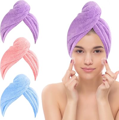 Jsdoin 3 Pack Microfiber Hair Towel Wrap Button Super Quick Absorbent