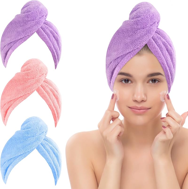 Jsdoin 3 Pack Microfiber Hair Towel Wrap Button Super Quick Absorbent