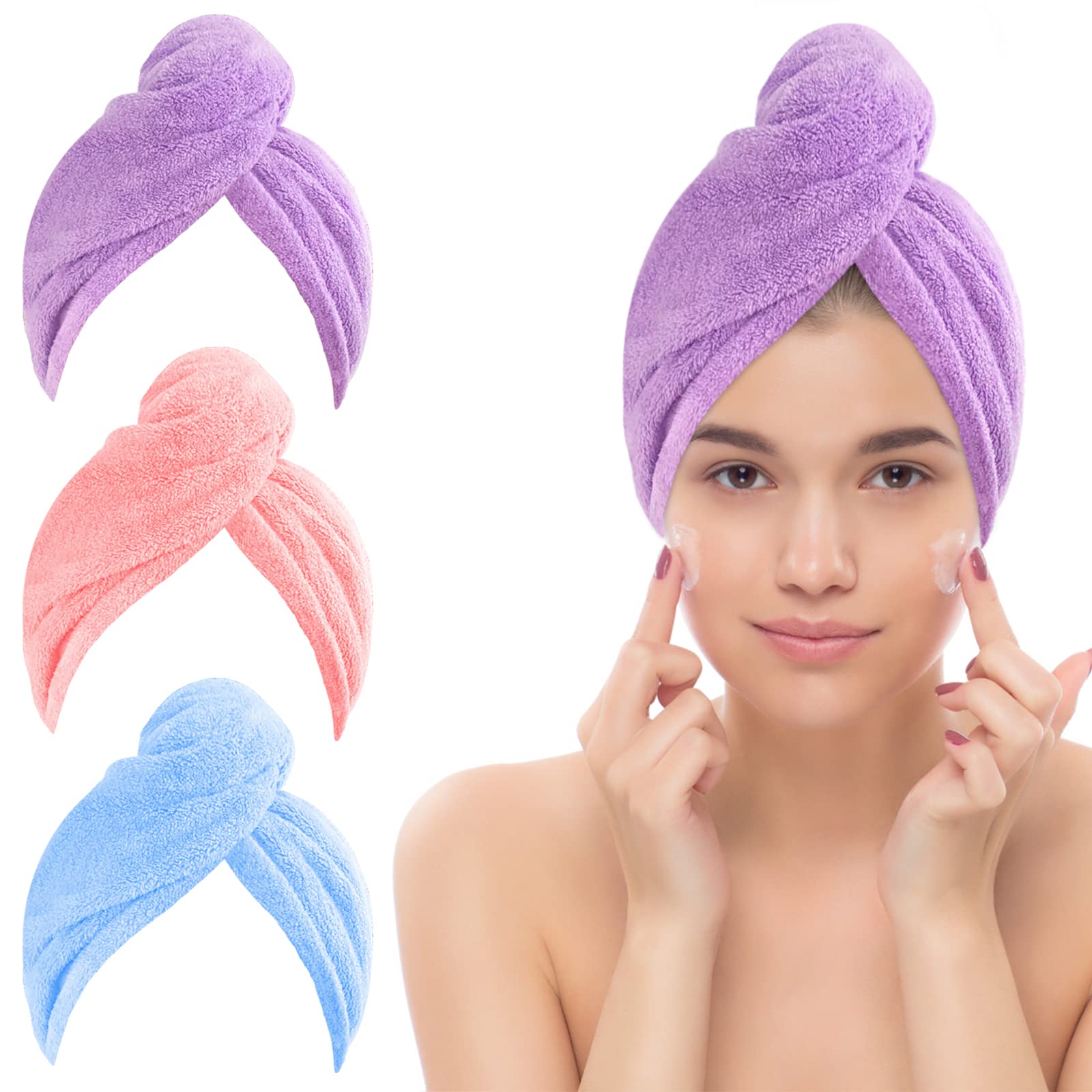 Jsdoin 3 Pack Hair Towel Wrap, Microfibre Wrap Hair Towel with Button Super Quick Absorbent Anti-Frizz Fast Dry Hair Caps Twist Turban for Girls and Women and Best for Long, Wet, Thick Hair