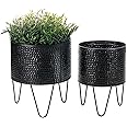 MyGift 8 and 10 Inch Modern Matte Black Metal Planter Pots with Pebbled Texture, Hammered Plant Containers with Matte Black Wire Stands, 2 Piece Set - Handcrafted in India
