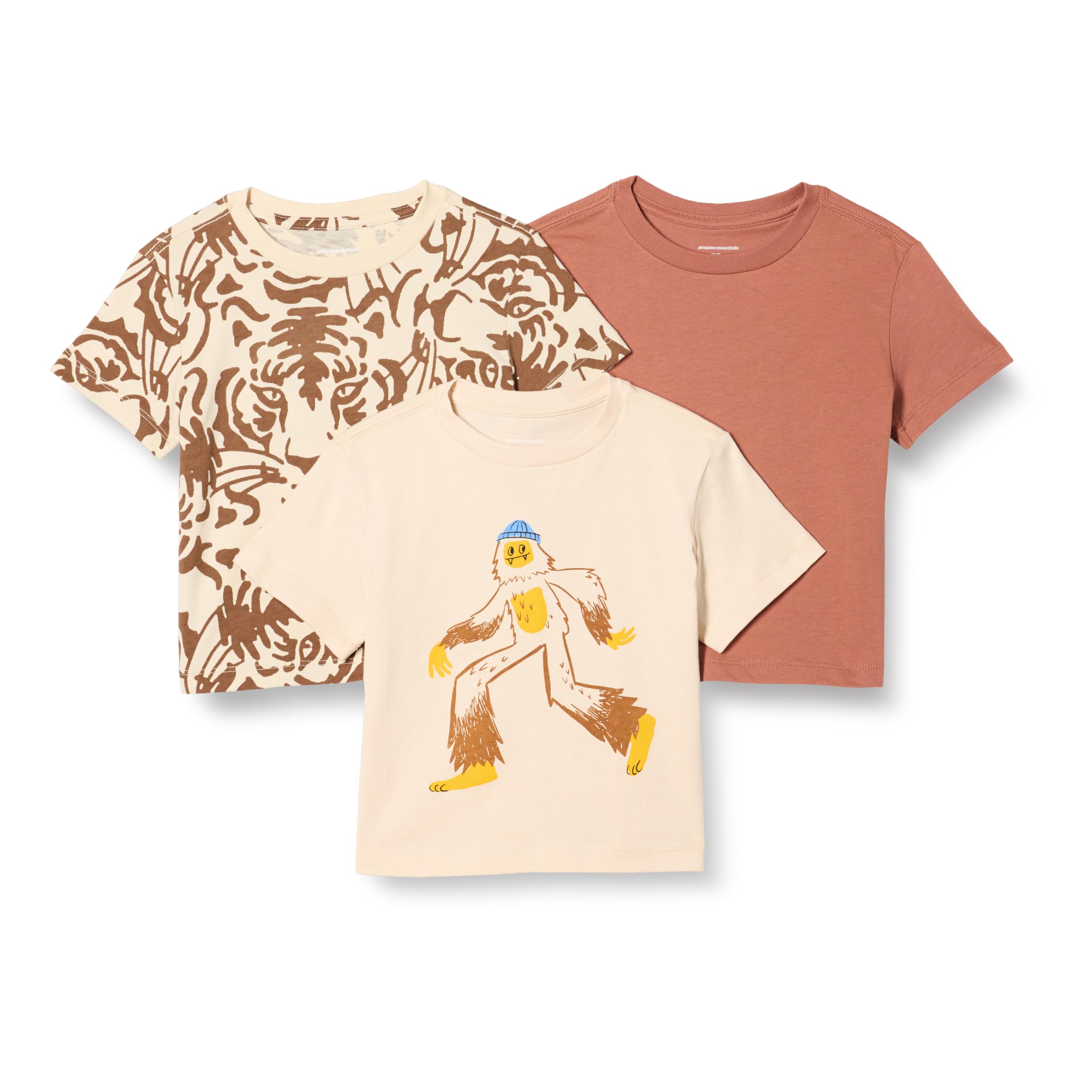 Photo 1 of (MISSING ONE) Amazon Essentials Toddler Boys' Cotton T-shirts, Pack of 3, Terracotta/Tiger Faces/Yeti, 3T