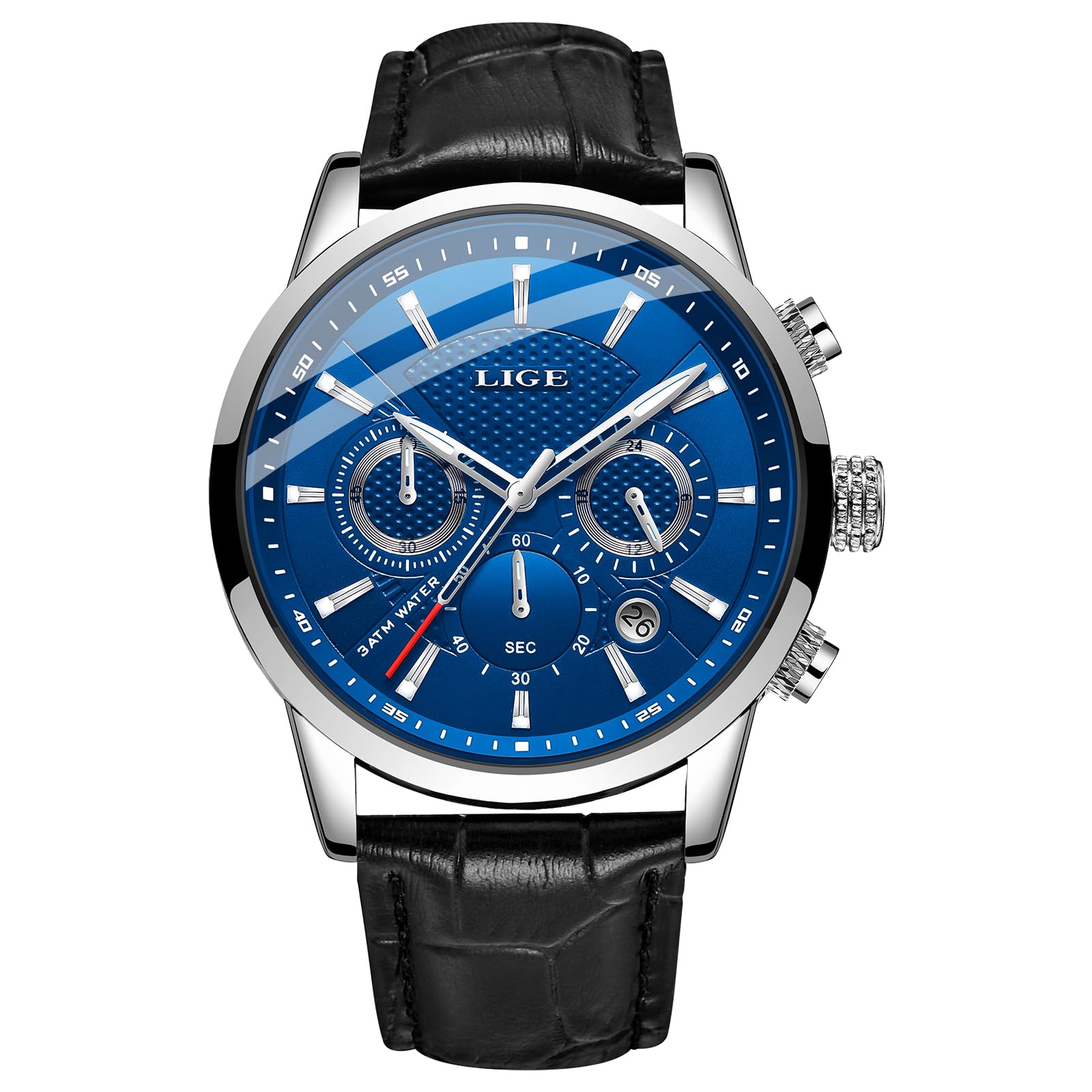 LIGE Watch Men's Fashion Waterproof Sports Chronograph Analogue Quartz Stainless Steel Leather Bracelet Black Blue Dial Wristwatch