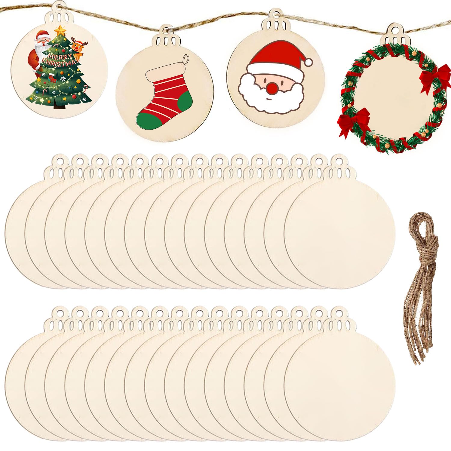 DRERIO 30 Pieces Round Wooden Baubles Christmas Hanging Embellishments Wood Slice Natural Christmas Ornaments Baubles Blank Wooden Embellishments with String for Xmas Tree Decoration DIY Crafts