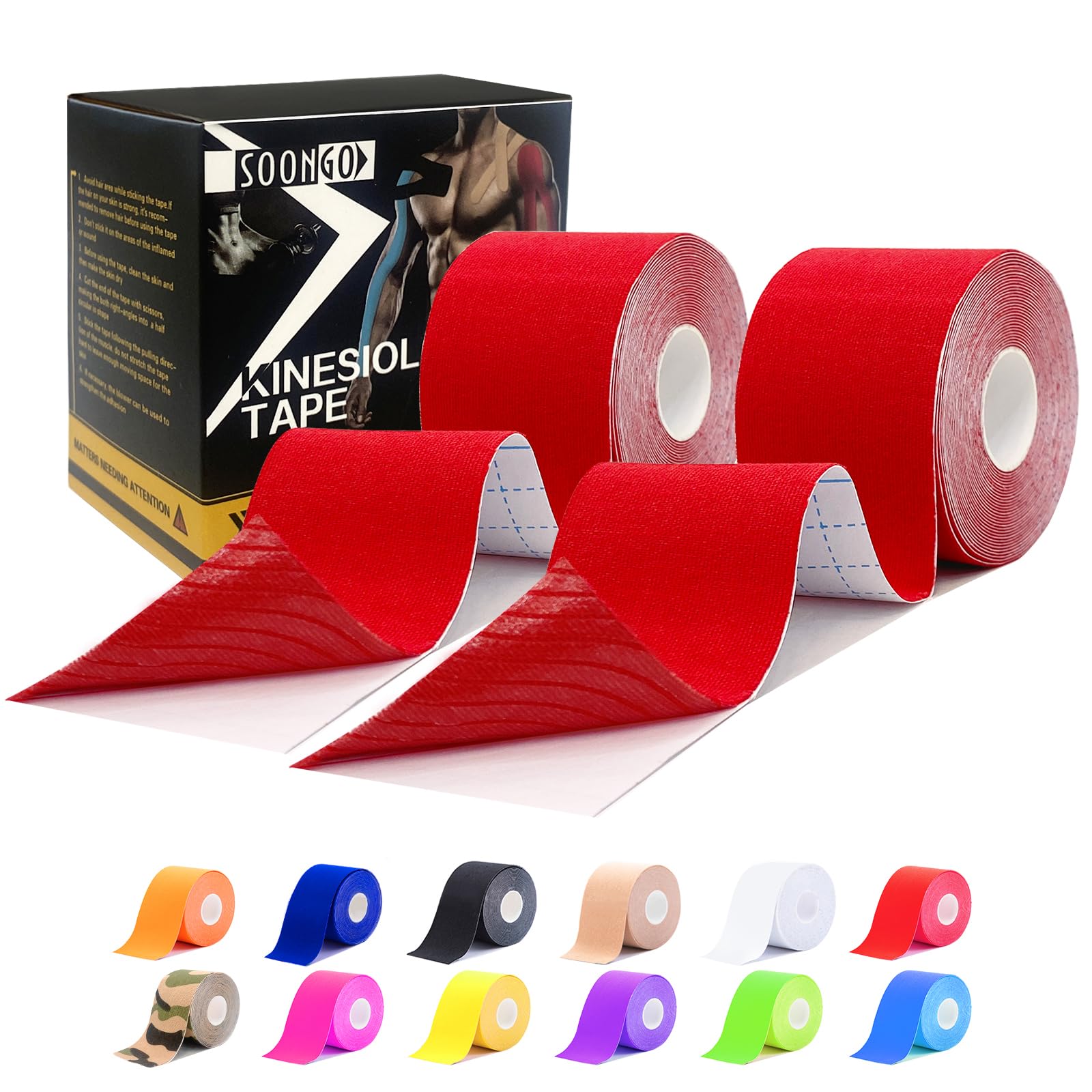Kinesiology Tapes Rock Tape 2 Rolls Relieve Muscle Soreness and Strain Shoulders Wrists Knees Ankles Elastic Waterproof Good Air Permeability Hypoallergenic Red 5cm*5m By SOONGO