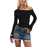 Ceputer Off Shoulder Top for Women Long Sleeve Tight Fit Y2k Going Out Tops Boat Neck Solid Cute Shirts Trendy 2025
