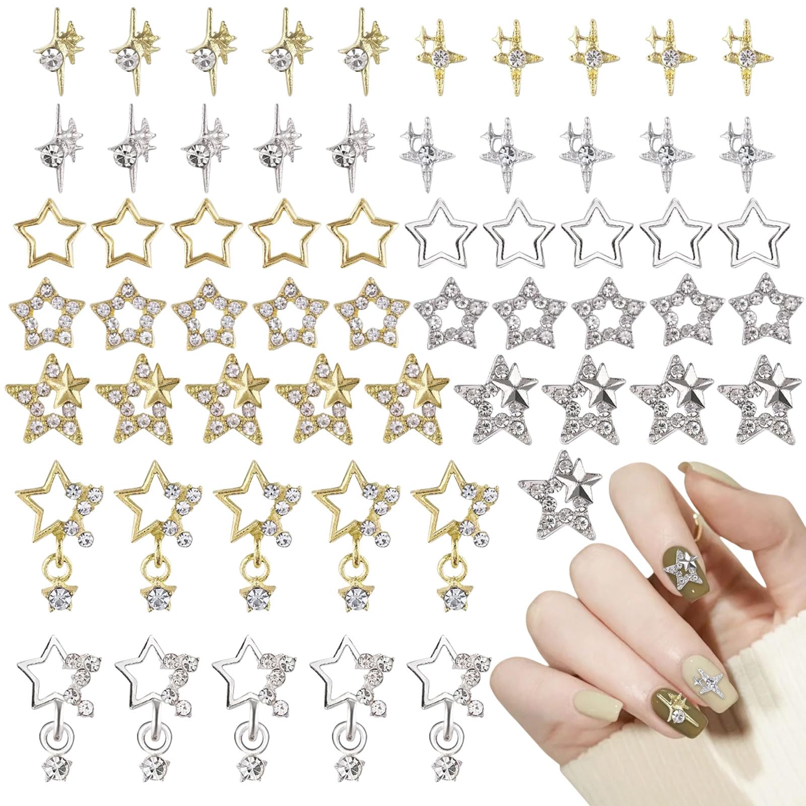 Star Nail Charms, 60 Pcs Gold Silver Star Nail Gems Y2K Nail Charms Shiny Pentagram Nail Rhinestones Alloy Dangle Nail Jewels 3D Nail Art Decorations Accessories for Women Girls (Gold+Silver D)
