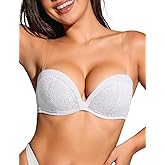 Upushall Push Up Strapless Bra with Clear Straps Covertible Plunge Lace Padded Add 2 Cups Low Cut Underwire Bras for Women
