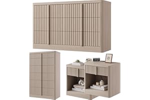 HARPAQ Fluted Dresser and Nightstand 4-Piece Bedroom Set, 47" Wide 6-Drawer + 49" Tall 6-Drawer Dresser and 2*Nightstands with Charging Station, Modern Bedroom Dressers Sets, Hallway, White Alder