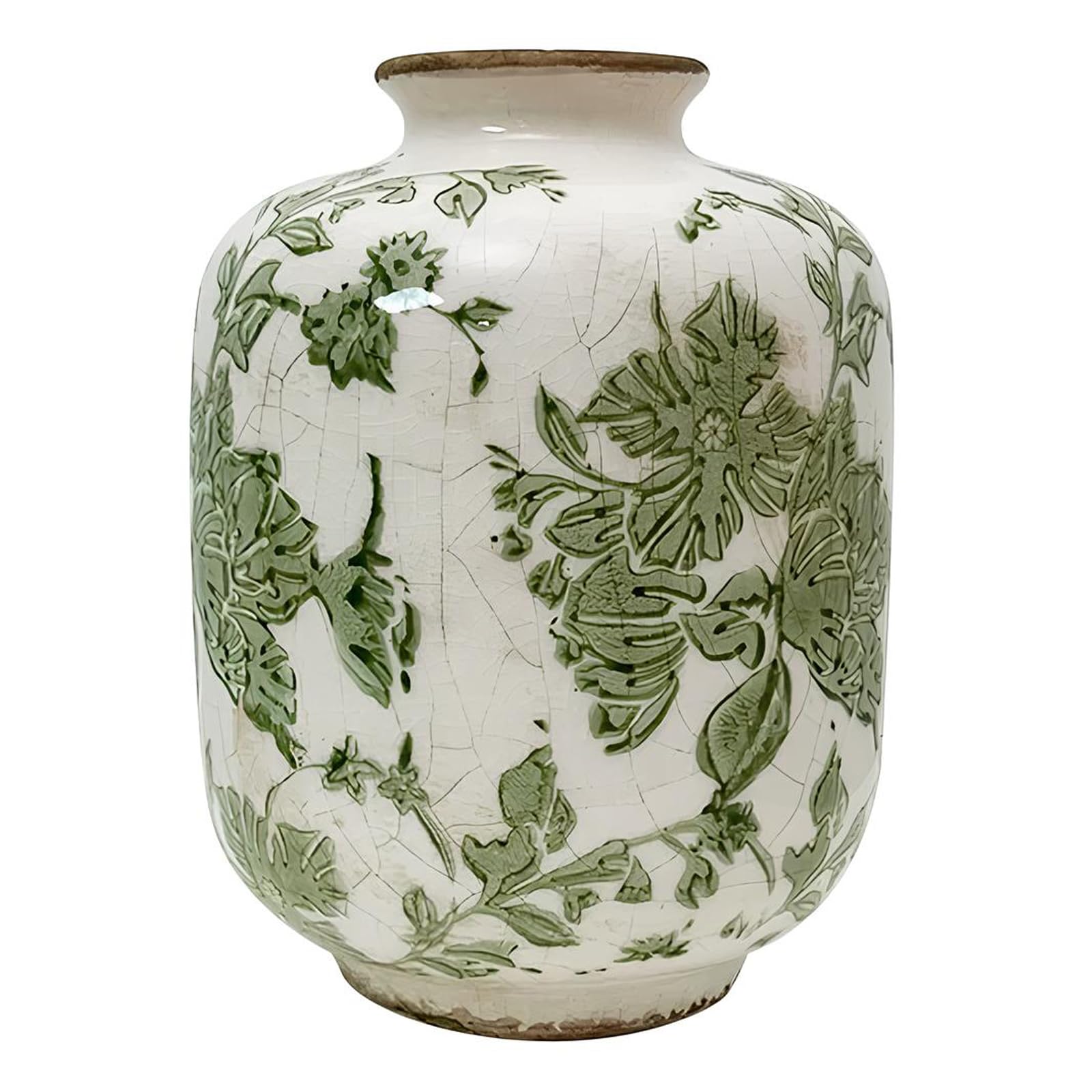 SYDDOL White Ceramic Vase, Small French Country Style Porcelian Vase Hand Painted Floral Design with Vintage Crackle Glaze for Wedding Dinner Table Office Bedroom - 5.5 Inch / 14 CM (Green)