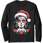 Christmas Sugar Skull Art Woman Santa Hat Festive Design Long Sleeve T-Shirt
